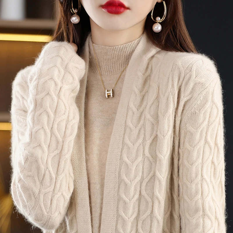 Women's Autumn/Winter 100% Pure Cashmere Knitted Cardigan, Mid-Length Loose Fit Thick Braided Wool Sweater Dress Outer Top