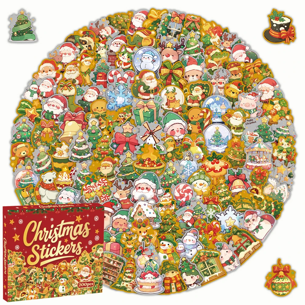 

10/30/50/100/200pcs Funny Christmas Animals Stickers Cute Santa Claus Cartoon Sticker Decoration Luggage Phone Notebook Decals