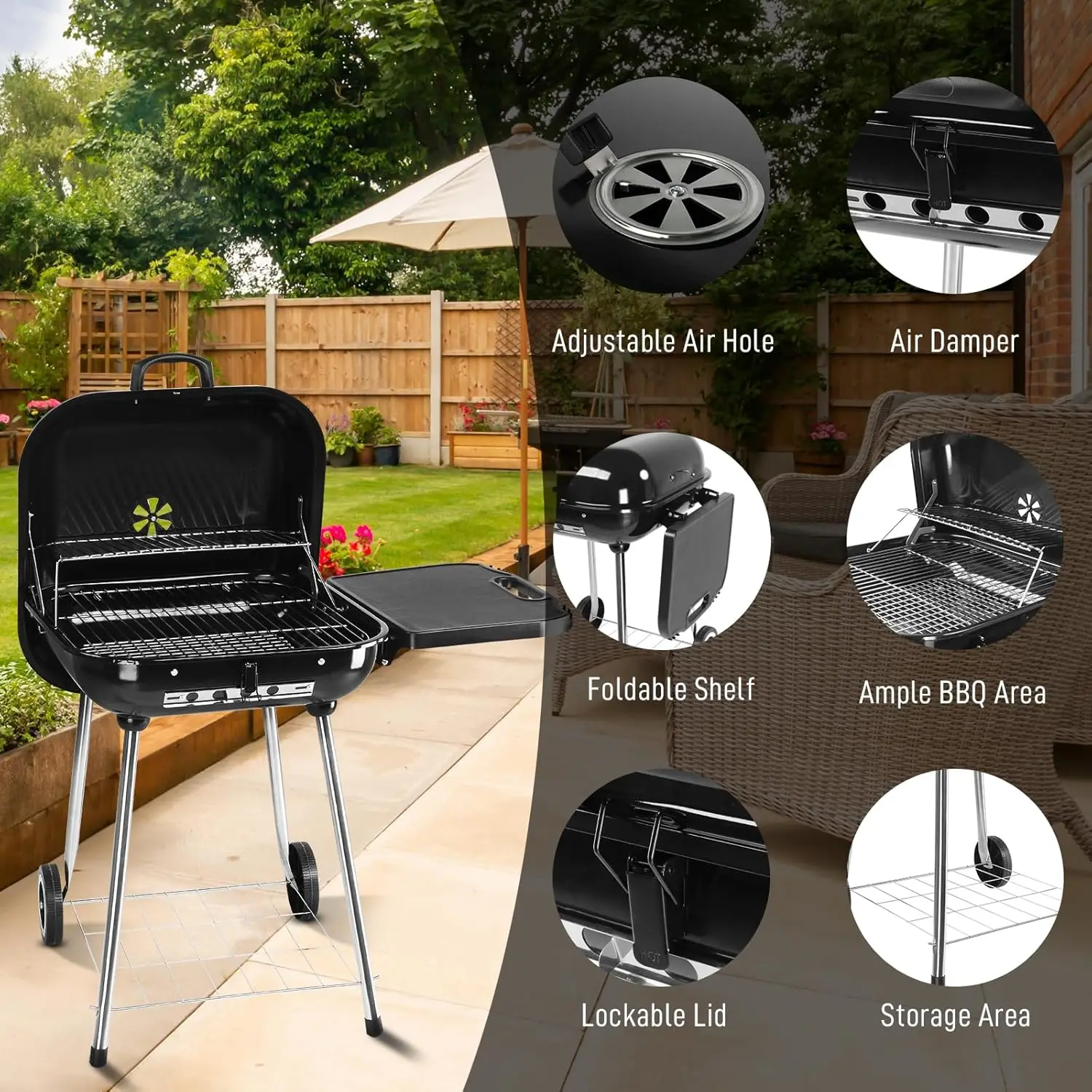 28 Inch Charcoal BBQ Smoker Grill, Portable Grill Cooker with Wheels and Foldable Side Shelf, Large BBQ Smoker for Outdoor Backy