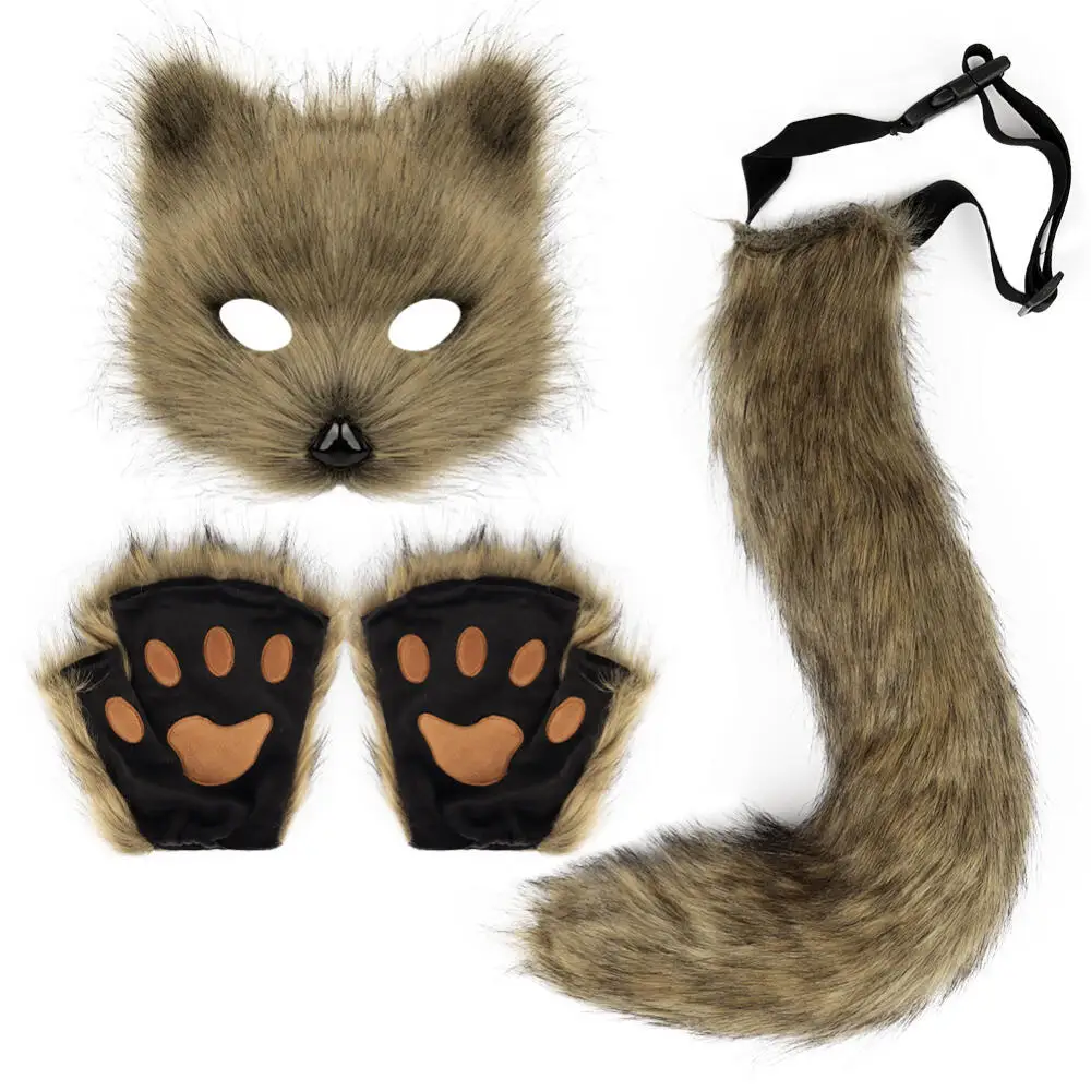Halloween Animal Cosplay Mask Gloves Tail 2 Pcs Set Simulation Plush Fox Beast Carnival Headwear Tail Cosplay Props Accessories