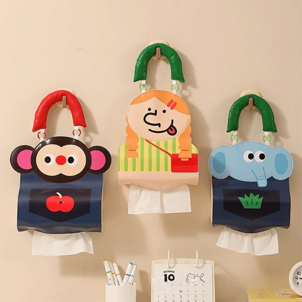PU Leather Hanging Tissue Bag Cartoon Design Top Handle Hanging Napkin Dispenser Decorative Oil Proof Portable Tissue Cover