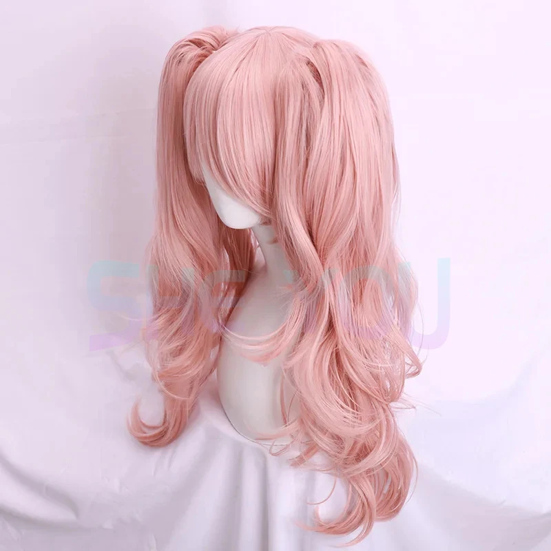 Enoshima Junko Cosplay Wig, Cabelo longo ondulado rabo de cavalo, Resistente ao calor, Cabelos, Boné