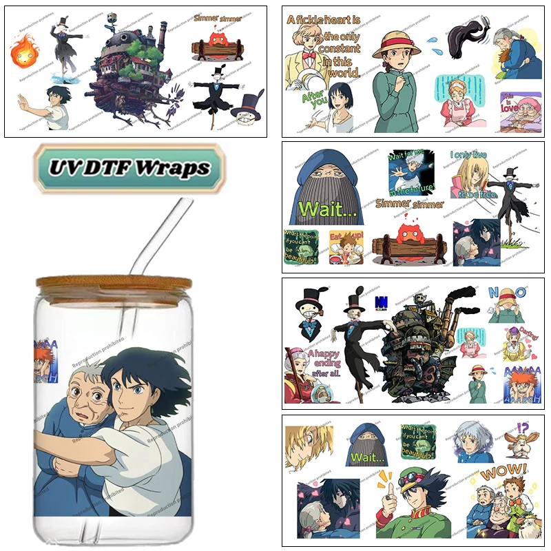Japanese Anime Howl's Moving Castle 16oz UV DTF Cup Wrap Transfers Stickers Decorate Mugs Beer Can Bottle Custom Pattern