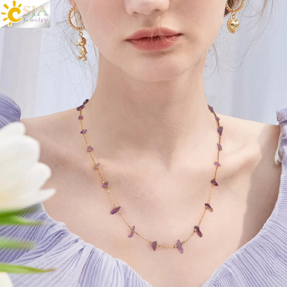 CSJA Natural Chip Bead Necklace Gold Color Stainless Steel Chain Choker Healing Amethysts Tiger Eye Pink Quartz Jewelry H530