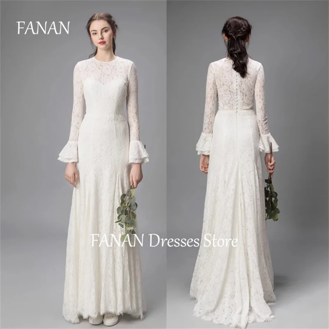 FANAN High O-Neck Korea Wedding Dresses Bell Sleeves Floor Length 웨딩드레스 Ivory Mermaid Lace Custom Made Bride Gowns Plus Size