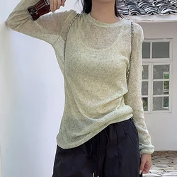 Women Loose Pullover Sun Protection Blouse Y2K Aesthetic Grunge T-shirt Korean Rib Knitted Tees Harajuku Long Sleeve Tops