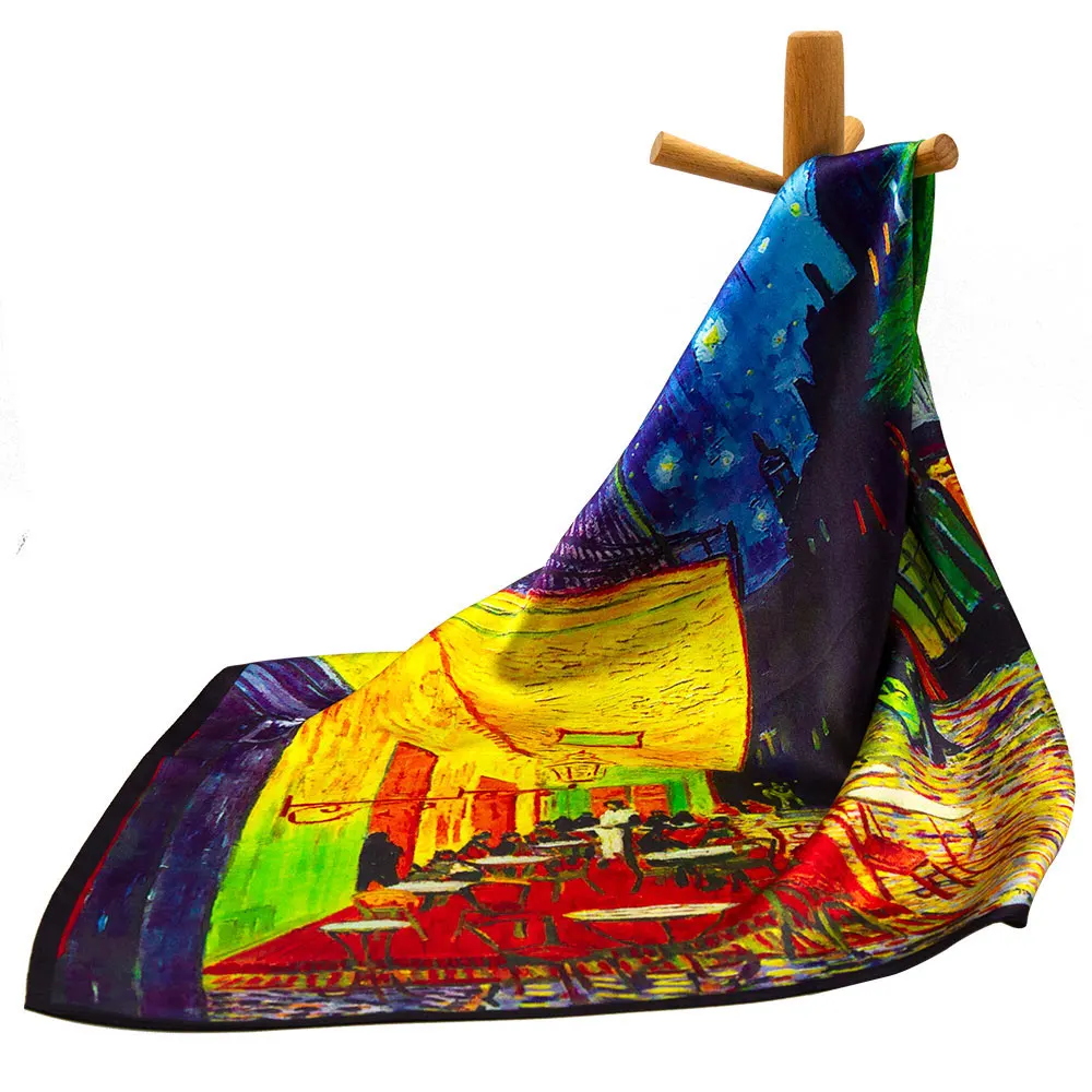 53cm 65cm 100% Pure Silk Scarves Muffler Female Custom Square Winter Women's Shawl Hijab Top Friend Gift Cafe Painting Bandana