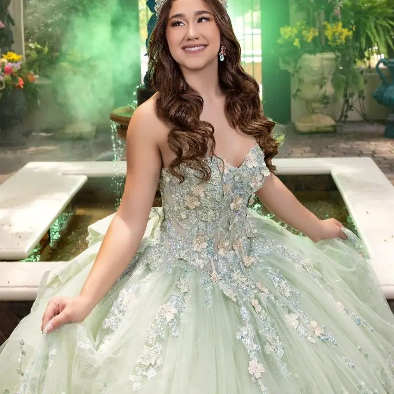 EVLAST Sage Green Quinceanera Платье Бальное платье с 3D цветочной аппликацией и бантом из бисера с пышными рукавами Sweet 16 Vestidos De XV 15 Anos SQ15