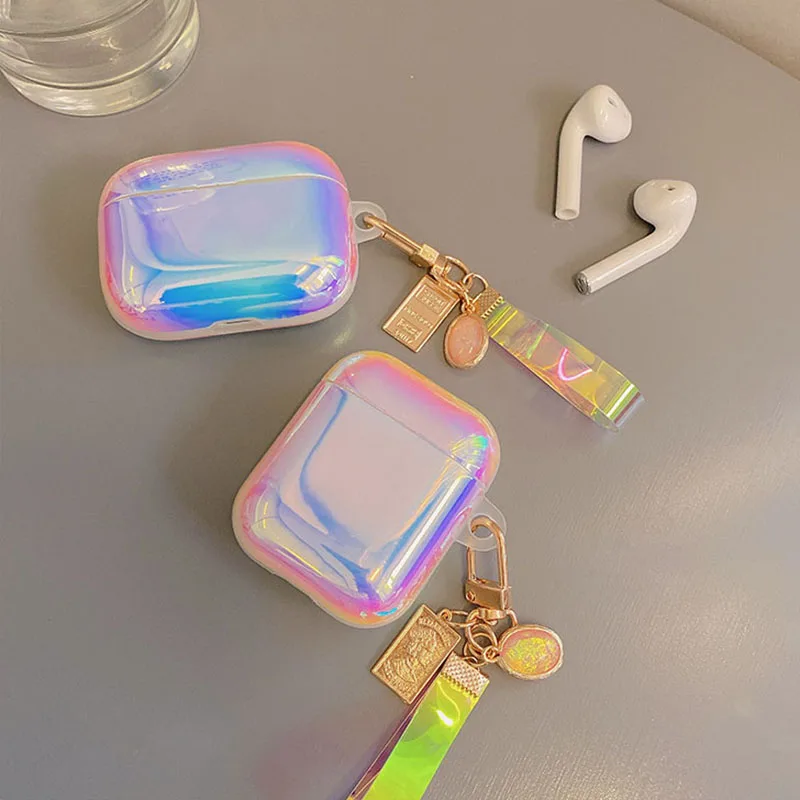 Super Cute Gem Keychain For apple AirPods 1/2/3/Pro Case Cover Shell Dreamy Laser Gradient Earphone Case For AirPods Pro 2 Box