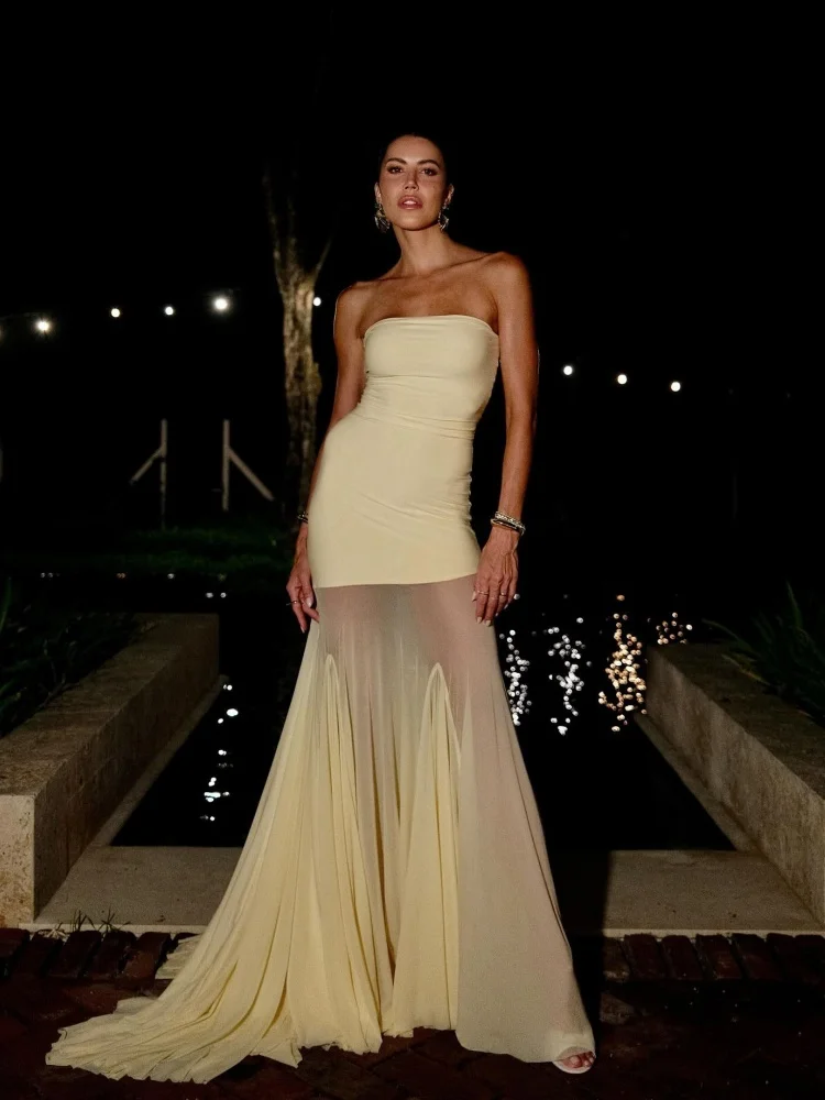 Żółte sukienki wieczorowe bez ramiączek z siateczki – seksowna długa sukienka w stylu syreny z wysokim rozcięciem dla kobiet Slim See Through Vestidos