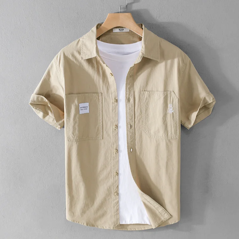 

Summer Thin Artistic Solid Color Short Sleeve Shirt Men's Summer Clothing Pure Cotton Simple Versatile Casual Double Pockets Top