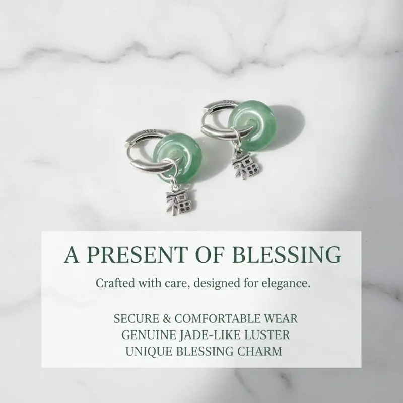 Silver Hoop Earrings with Green Resin Fu Charm Pendant Lightweight Fashion Jewelry for Dating Daily Wear