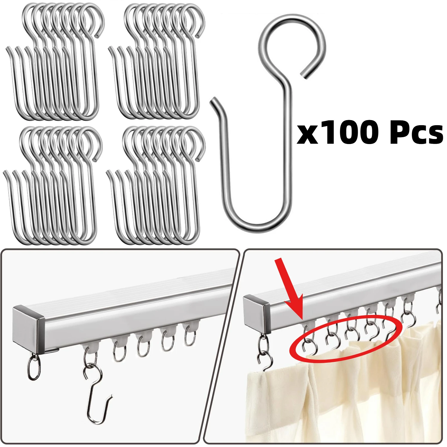 100 Pcs Silver Metal Curtain Track Hooks S Shaped Curtain Metal Drape Wire Hooks for Ceiling Drape Track