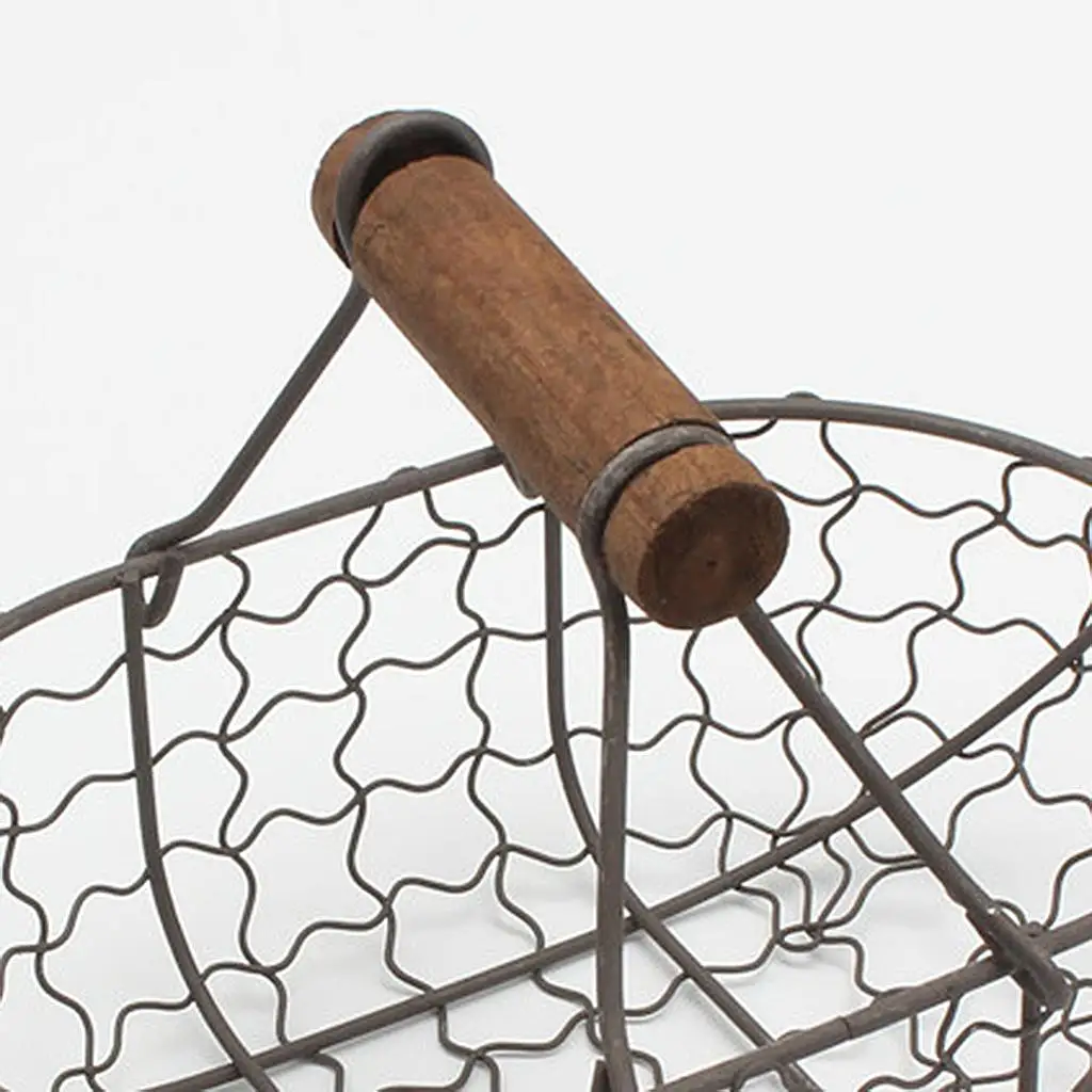 Wooden Handle Metal Retro Basket Portable Vegetable Fruit Egg Storage Basket