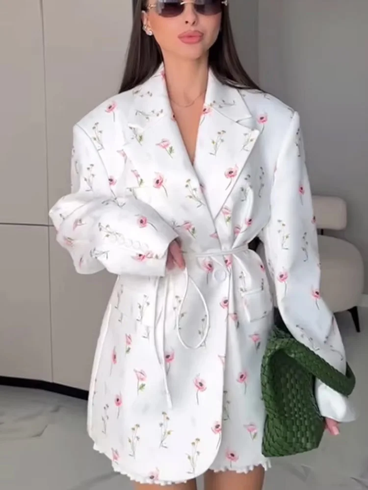 

HH Women Autumn Fashion Lapel Fake Pocket Lace Up Decoration Long Sleeve Jacket Female Elegant Vintage Floral Blazer Coat