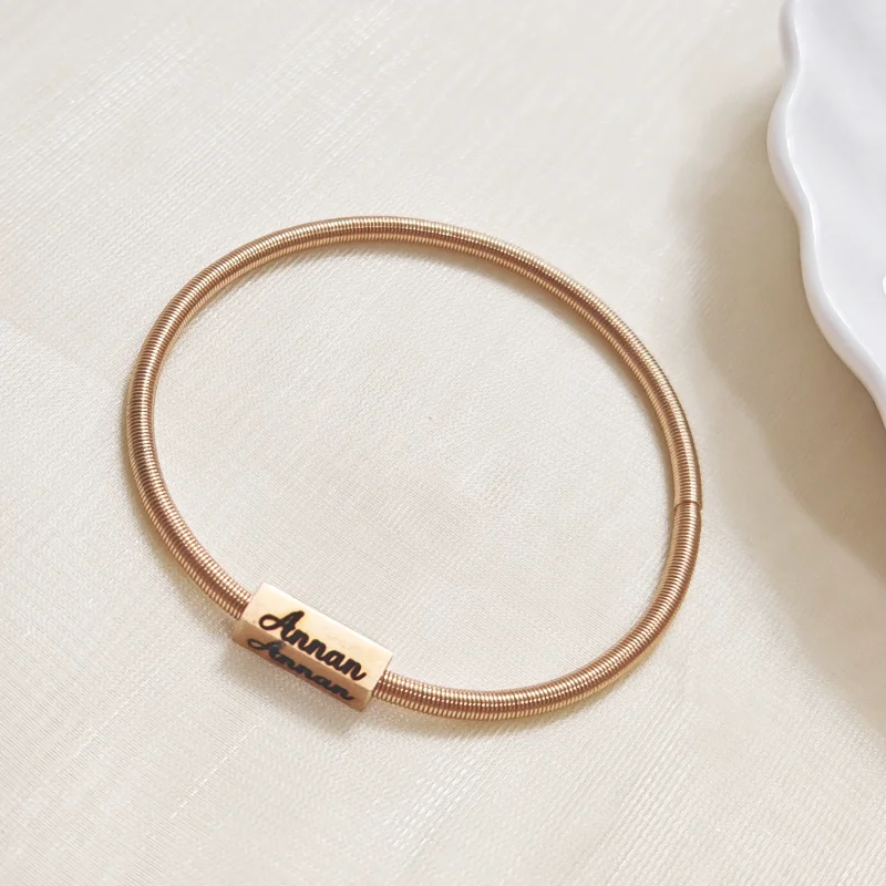 Customized Bracelet, Stainless Steel Spring, Square, Name Engraved, Boys and Girls Valentine's Day Gift