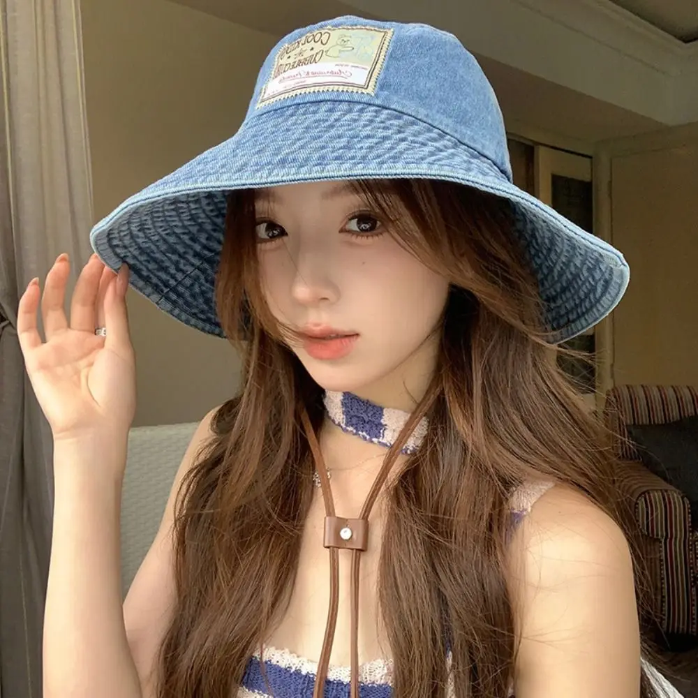 

Casual Big Brimmed Denim Bucket Hat Sunscreen UV Protection Jeans Fisherman Hat Korean Style Wide Wings Sunscreen Hat Outdoor