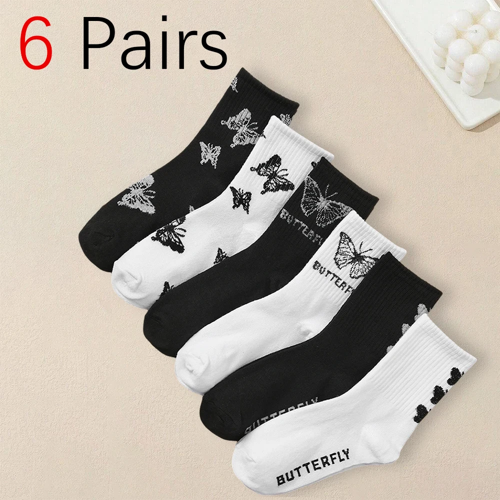 6 Pairs Women Butterfly Patterned Socks Creative Trend Fashionable Versatile Socks Lightweight Breathable Mid Length Socks