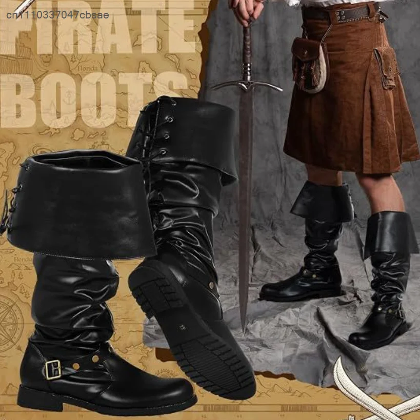 Medieval Warrior Pirate Over Knee Boots Faux Leather Fold Cuff Lace Up Boot Renaissance Stage Performance Halloween Cosplay Shoe