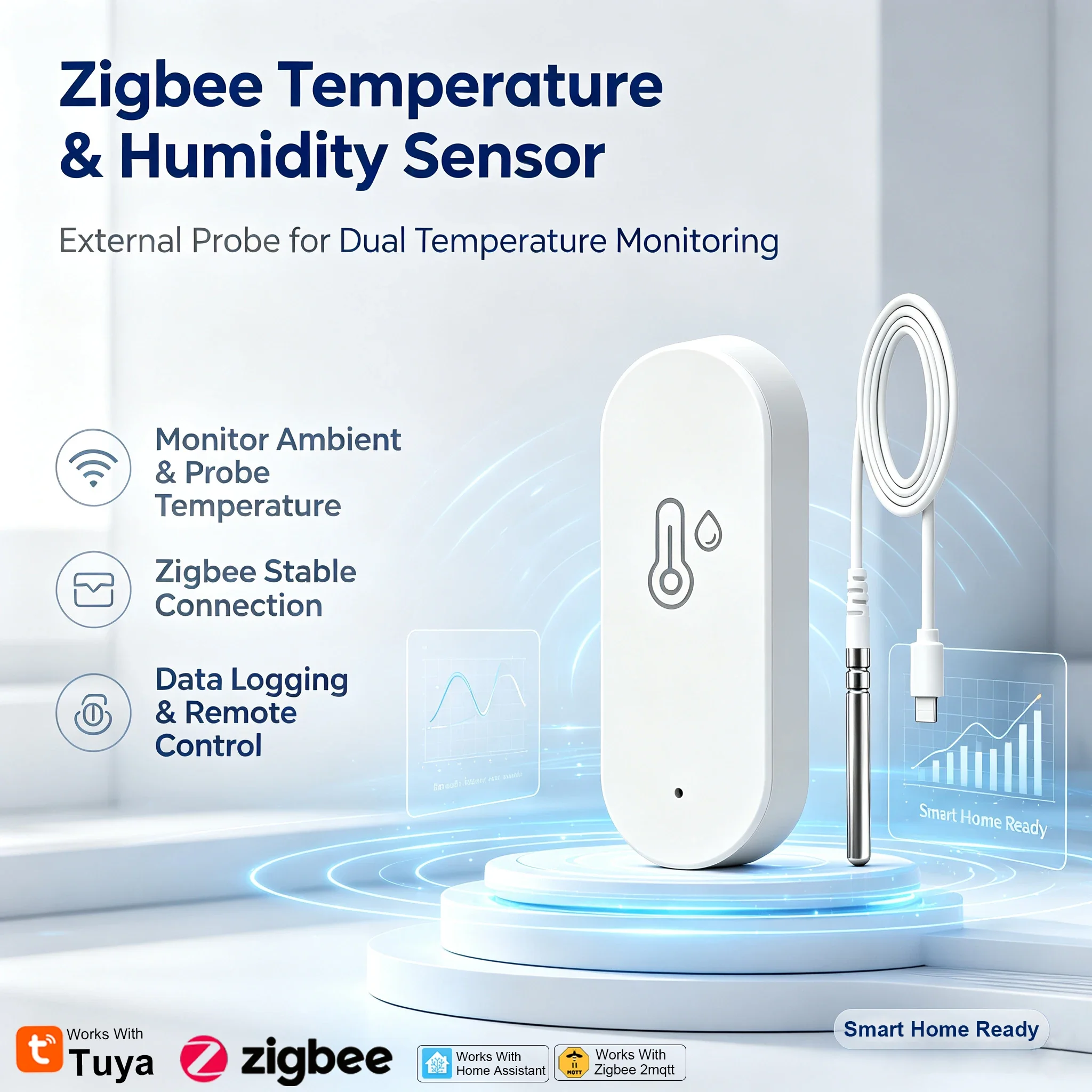 Tuya Zigbee External Probe Temperature Ambient Humidity Sensor Thermometer Hygromete Smart Home Monitor For Tuya Smart Life2MQTT