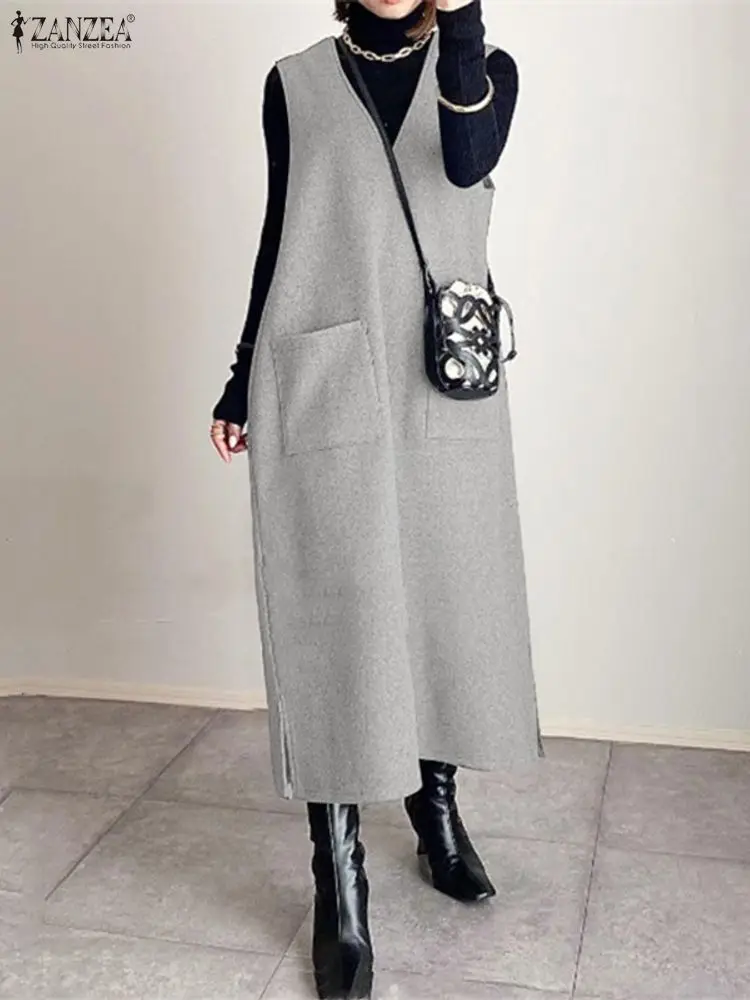 2023 herbst Sweatshirt Kleid ZANZEA Frauen Stilvolle Tanks Robe Elegante V-ausschnitt Ärmellose Winter Kleider Casual Baggy Arbeit Sommerkleid
