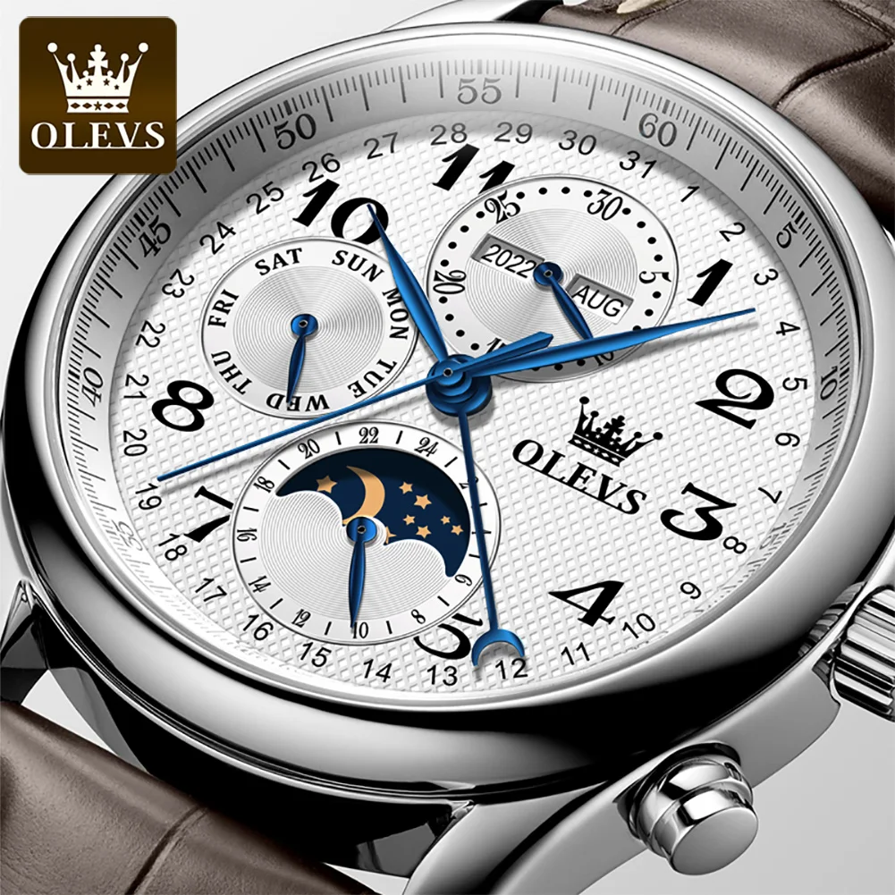 OLEVS 6667 Orologio da uomo Orologio meccanico con cintura da lavoro originale di lusso ﻿   Orologi lunari sportivi con data settimanale luminosa impermeabile per uomo