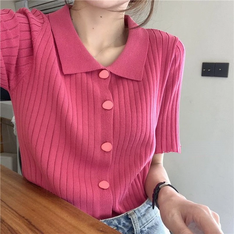 

Polo Neck Knitted Cardigan Women Short Sleeve Kawaii Sweater T-shirt Single-breasted Korean Chic Y2k Tops Solid Women Clothing