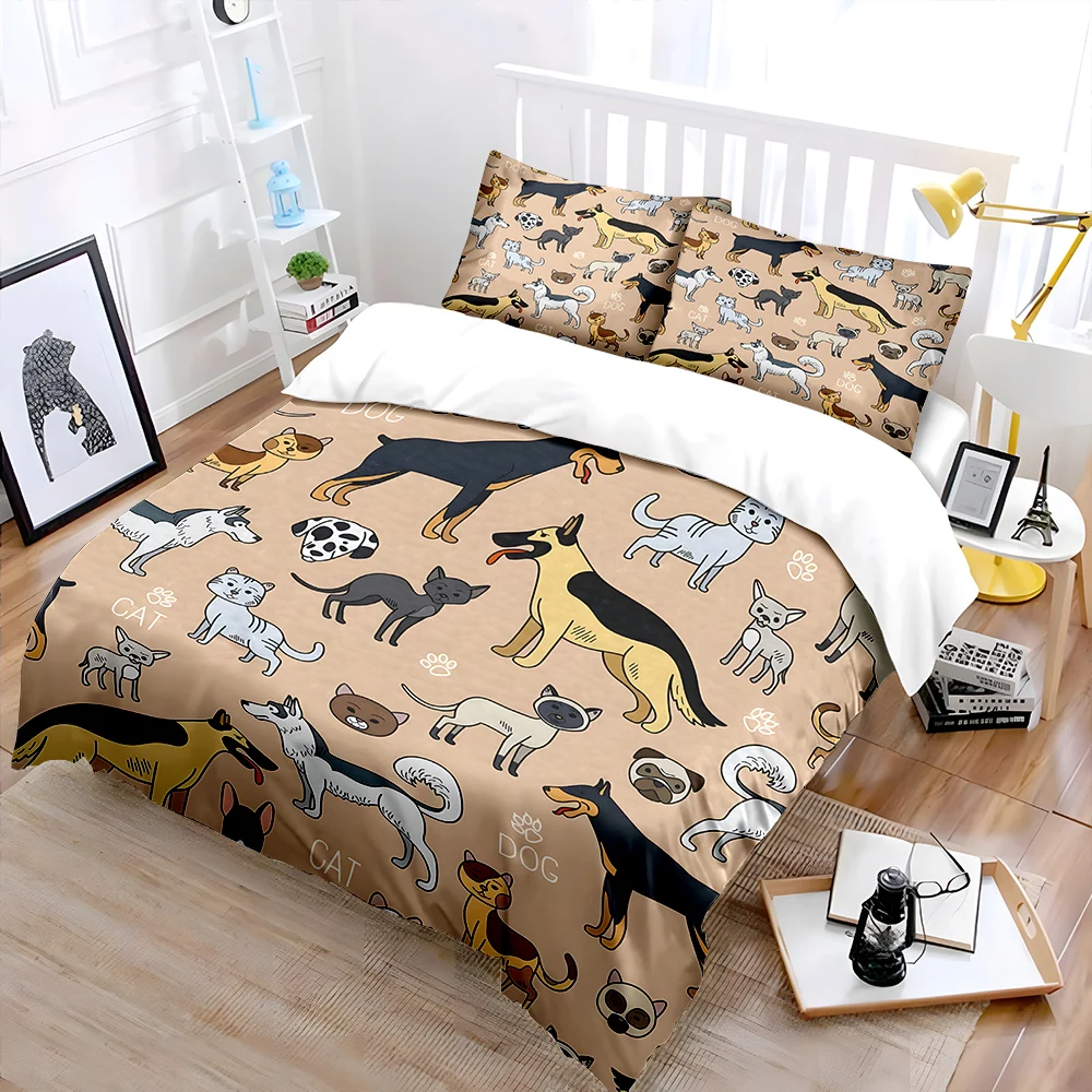 Cute Dog and Cat Illustrations Print Bedding Set 1 Duvet Cover 2 Pillowcases for Adult and Children Luxury Gift Full Size