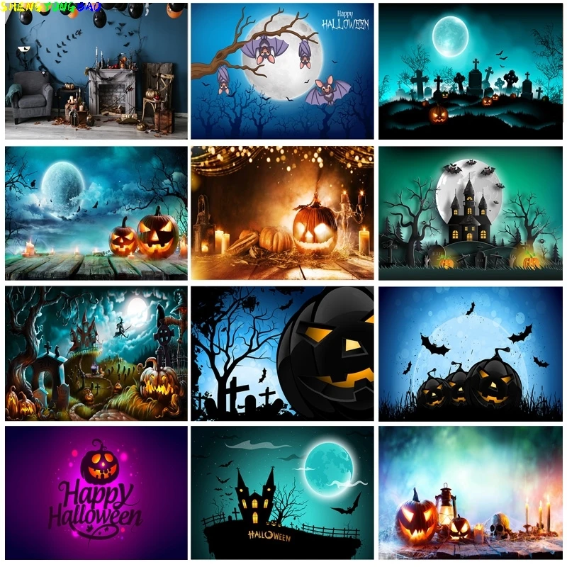 

Halloween Backdrop Pumpkin Lantern Castle Forest Moon Tombstone Baby Photography Background For Photo Studio Props 21802 WS-02