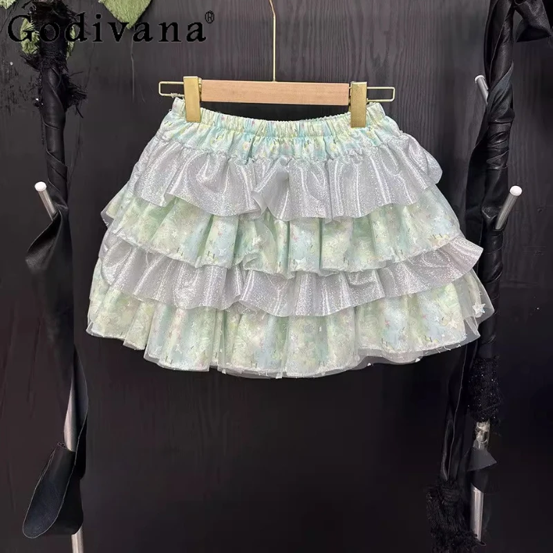 Original Handmade Mini Skirt Ladies Green Print Dopamine Y2k Bow Fluffy Cake Skirt Women's Summer High Waist Mini Skirt