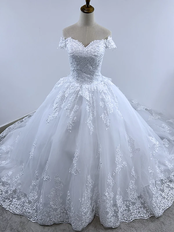 Vestidos De novia con hombros descubiertos, Vestido De novia clásico con cuello barco, Vestido De novia De encaje De lujo, Vestido De novia con foto Real personalizado