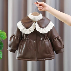 New Girls' Leather Coat Autumn Winter Mid-length Velvet PU Slim Jackets Girl Baby Lace Laple Thickened Warm Outerwear