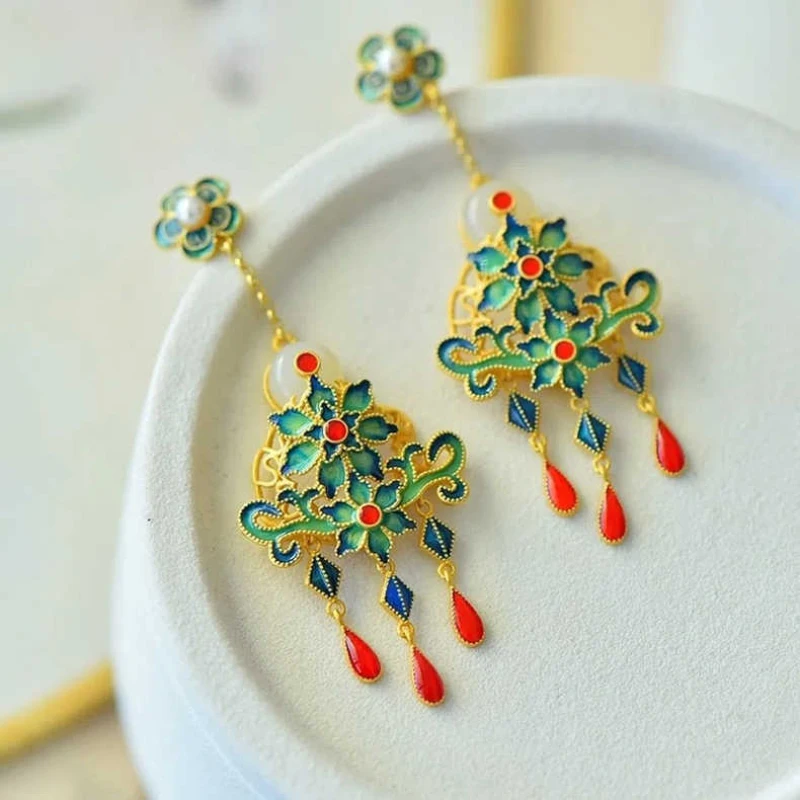 

Natural Hotan Jade flower Enamel tassel earrings for women exquisite Retro style classical cheongsam Hanfu Silver accessories