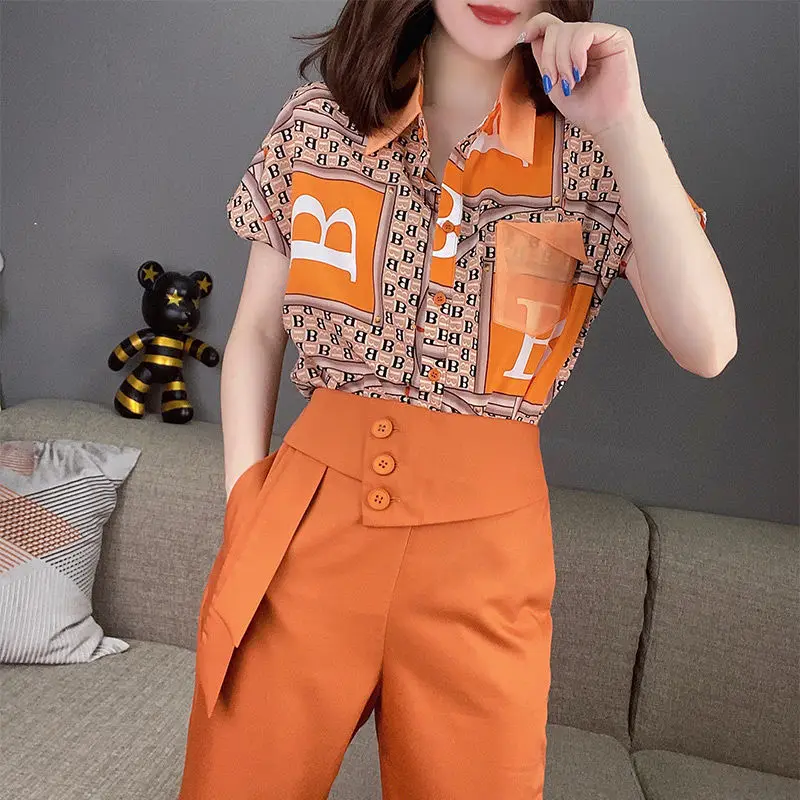 

Office Lady Summer Women's Fashion Suits Short Sleeve Shirt High Waist Casual Pants Two Piece Sets 2025 New