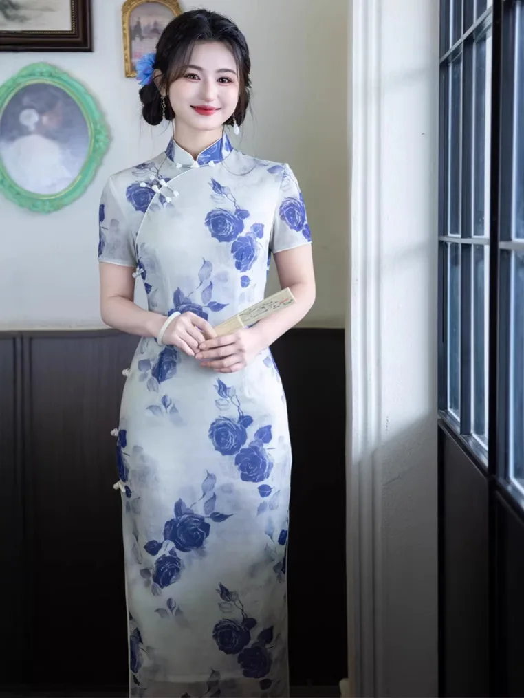 2026 Spring/Summer Mesh Double Layer Long Short Sleeve Cheongsam New Chinese Style Rose Printed Women's Cheongsam