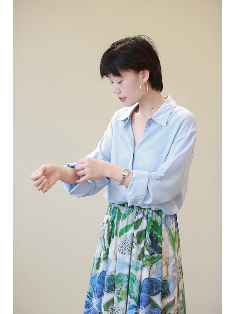 

Loose Fit Long Sve Modal Blue irt Women Summer New Thin Sun Protection irt Ele Top Relax Sle Regular Sve Leng...