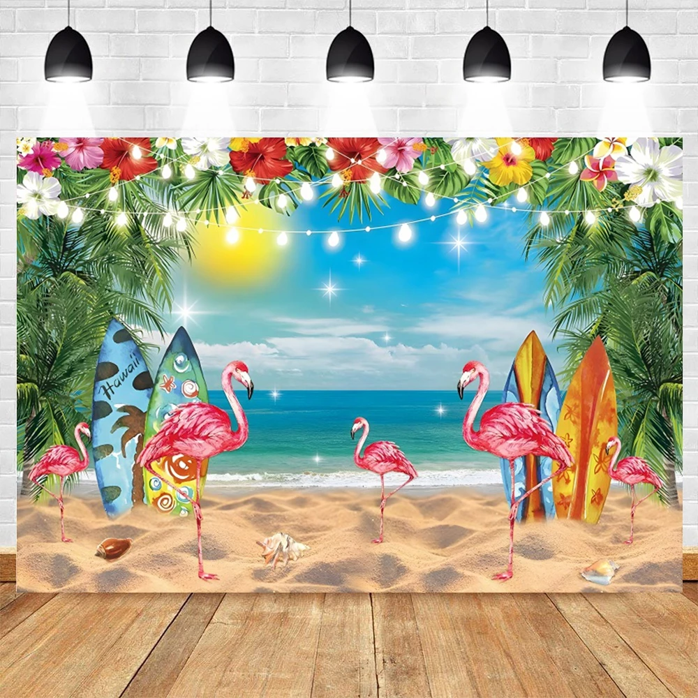 Summer Tropical Beach Hawaiian Backdrop Aloha Luau Seaside Flamingo Ocean Surfboard Holiday PartyBirthday Photography Background