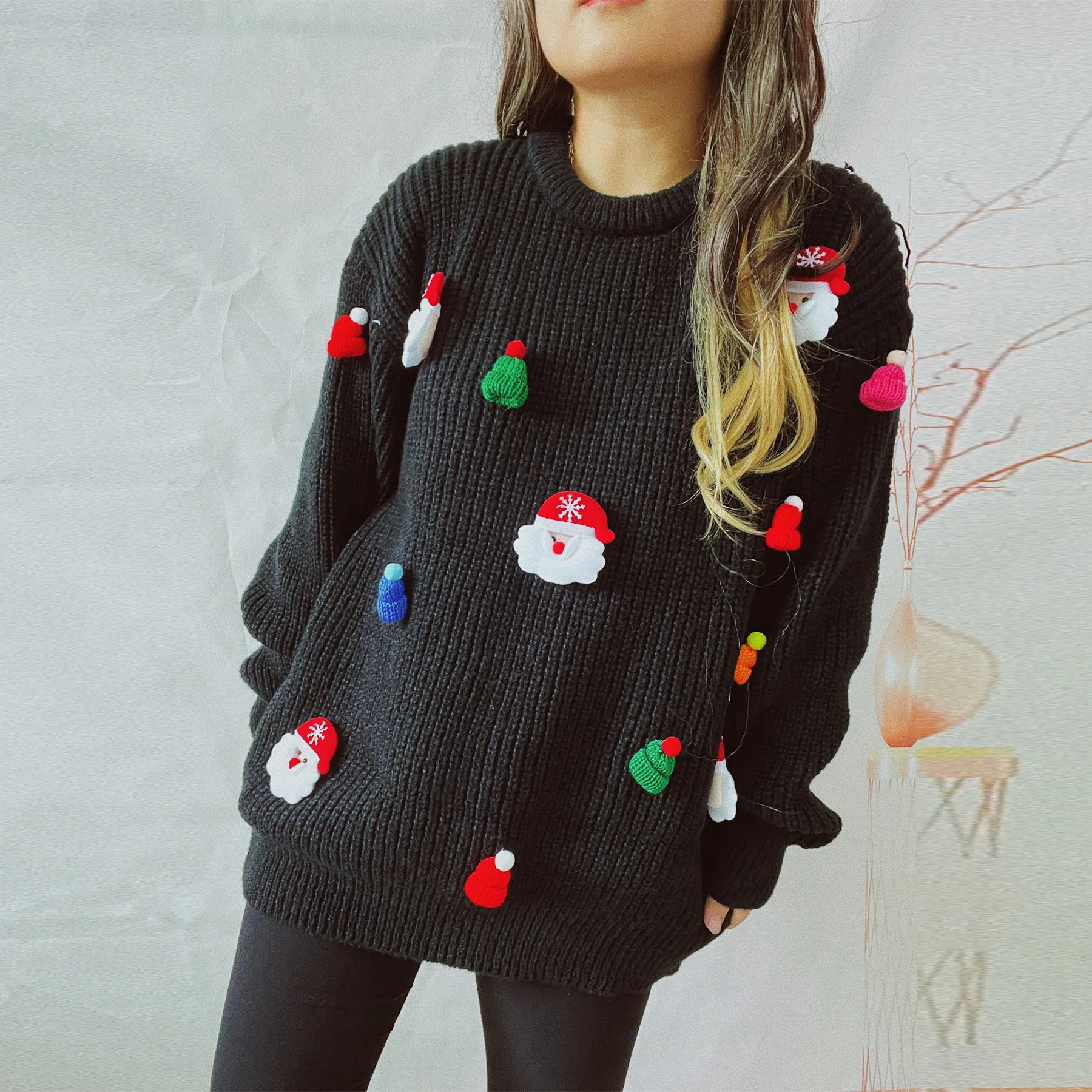 2024 Hot New Year Christmas Theme Sweater Cute Santa Claus Three-Dimensional Decoration Round Neck Knitted Pullover Sweater