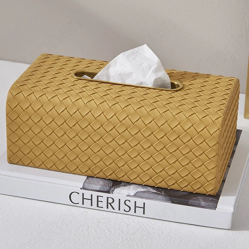 Creativity Woven Leather Tissue Boxes Nordic Simple Solid Color Golden Stroke Napkin Holder Household Desktop Paper Towel Box