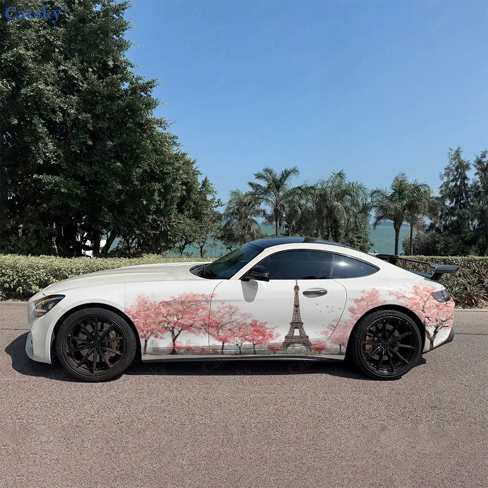 2pcs Cherry Blossom Eiffel Tower, Durable, Fade-resistant, Enhance Vehicle Aesthetics With Bold Artistic Design Car Vinyl Wraps