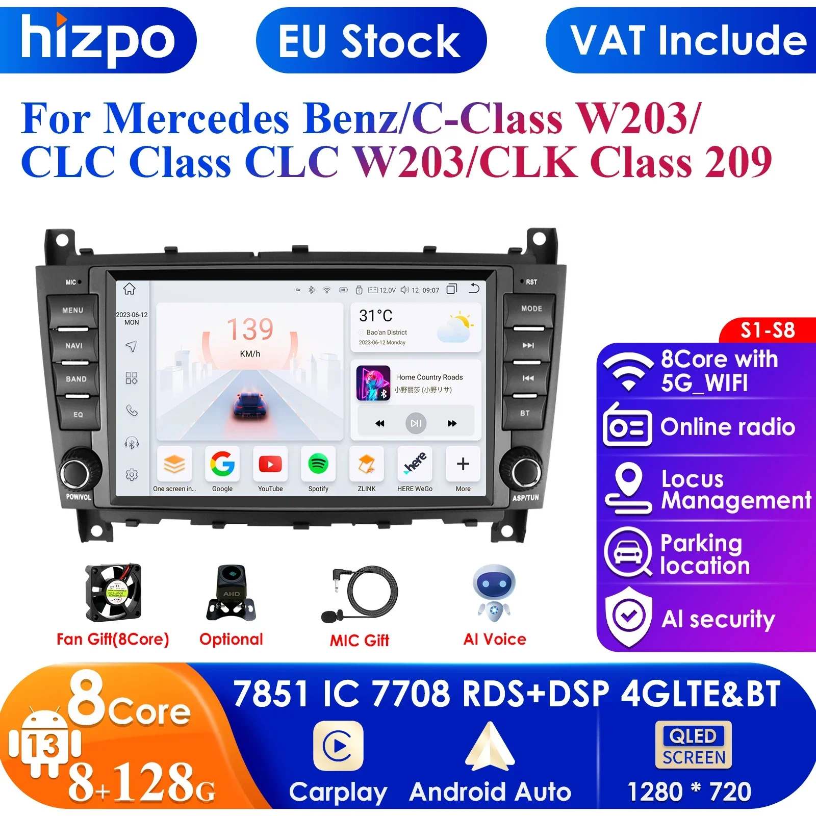 8'' 7862 2din Android Car Multimedia Player for Mercedes Benz CLC W203 C-Class C180 C200 CLK200 CLK W209 GPS Carplay Auto 4G RDS