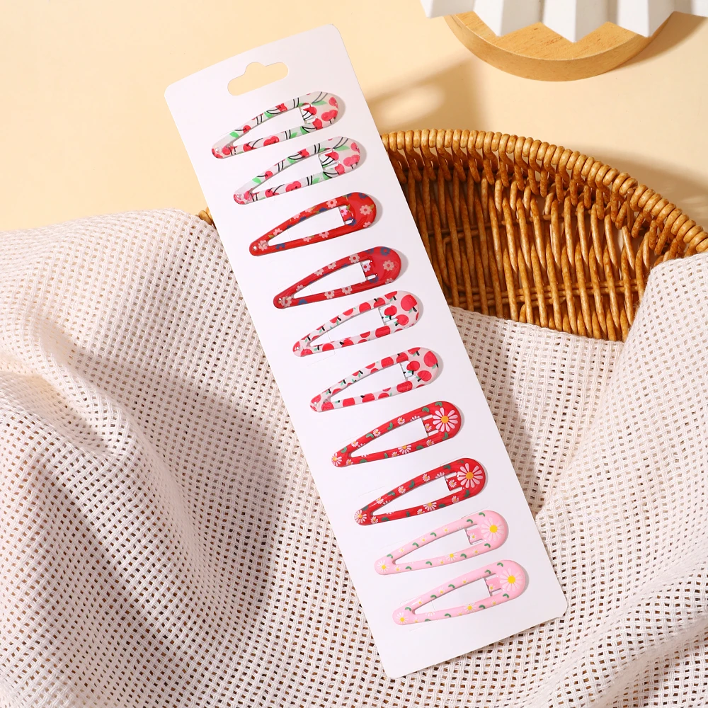 10PCS/Set Girls Print Waterdrop Shape Alloy Hairpins Sweet Hair Clips Barrettes Headwear Hair Holder Baby Hair Accessories Set