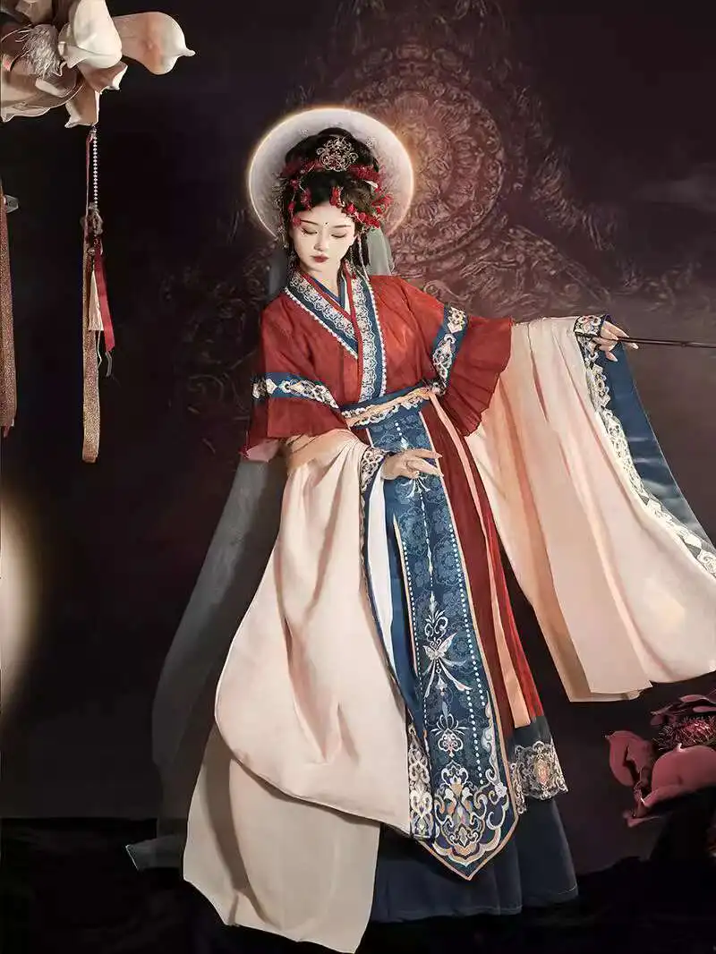 

Luo Hua Fu[Du Qinghuan]Wei and Jin Dynasty Style Women's Hanfu Fairy Costume Traditional Chinese Style Cross-Collar Half-Sleeve