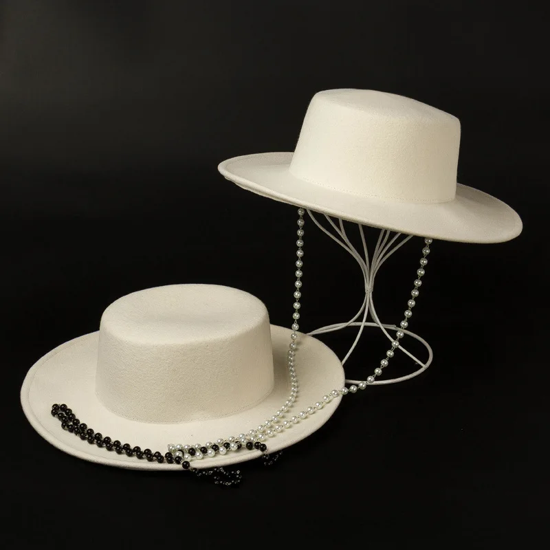 Autumn Winter New Flat Top Wool Felt Hat with Imitation Pearl Chain Fashion Casual Street Felt Flat Top Hat