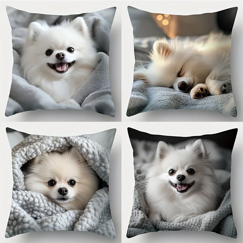 4pcs Cute White Pomeranian Dog Cushion Cover Animal Printed Pillow Case Polyester Home Decor Sofa Living Room Bedroom 2D Flat