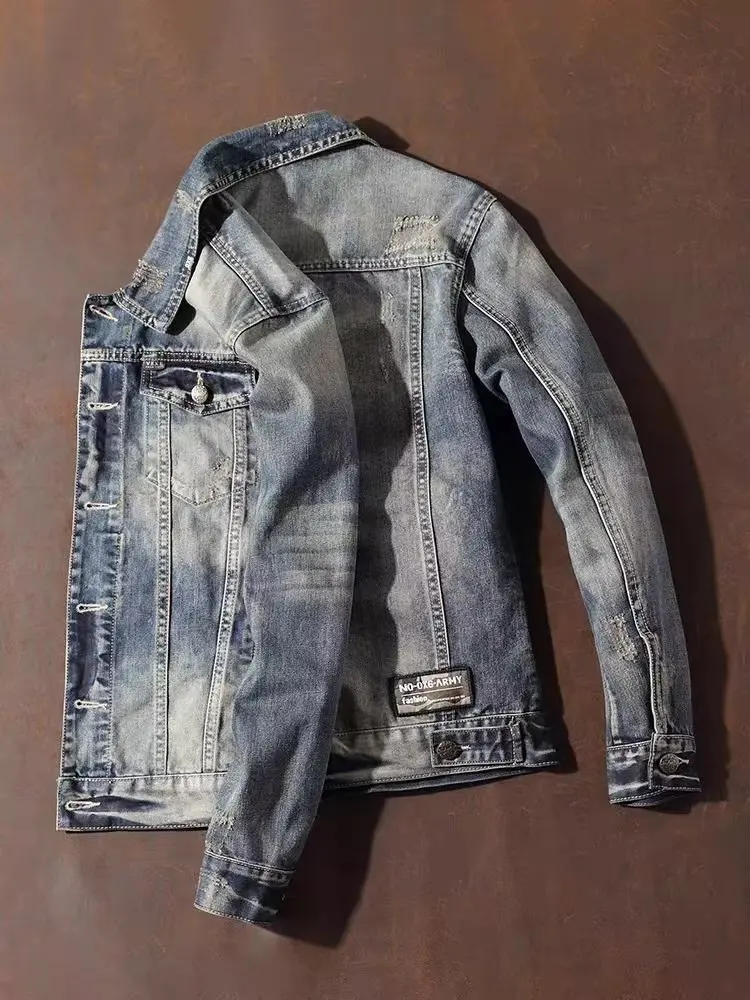 

Retro American Denim Jaet Men's Slim Fit Waed Trendy Motorcycle Clothing Versatile Outerwear Jaet for Autumn