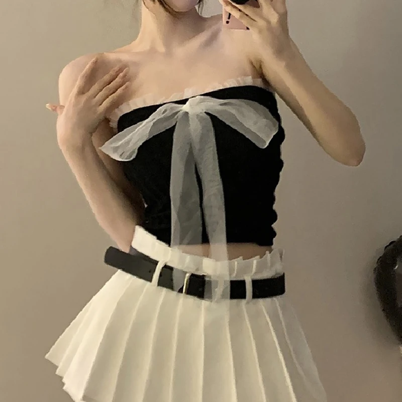 1Pc Summer Sexy Strapless Camisole Women Bow Lace Patchwork Sleeveless Slim Knitted Tank Top