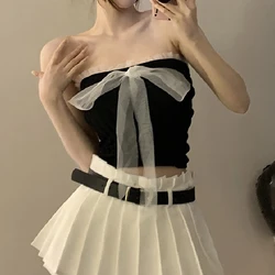 1Pc Summer Sexy Strapless Camisole Women Bow Lace Patchwork Sleeveless Slim Knitted Tank Top