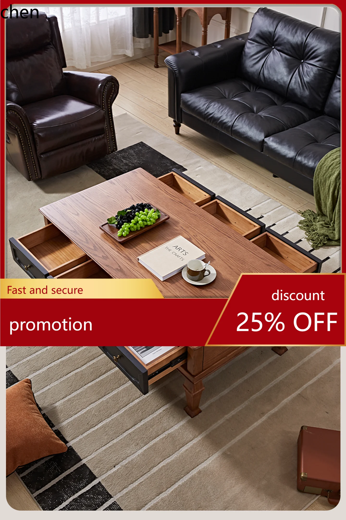 HT Vintage Style Solid Wood Coffee Table and TV Cabinet Set Retro High-End Feel Living Room Coffee Table Rectangular
