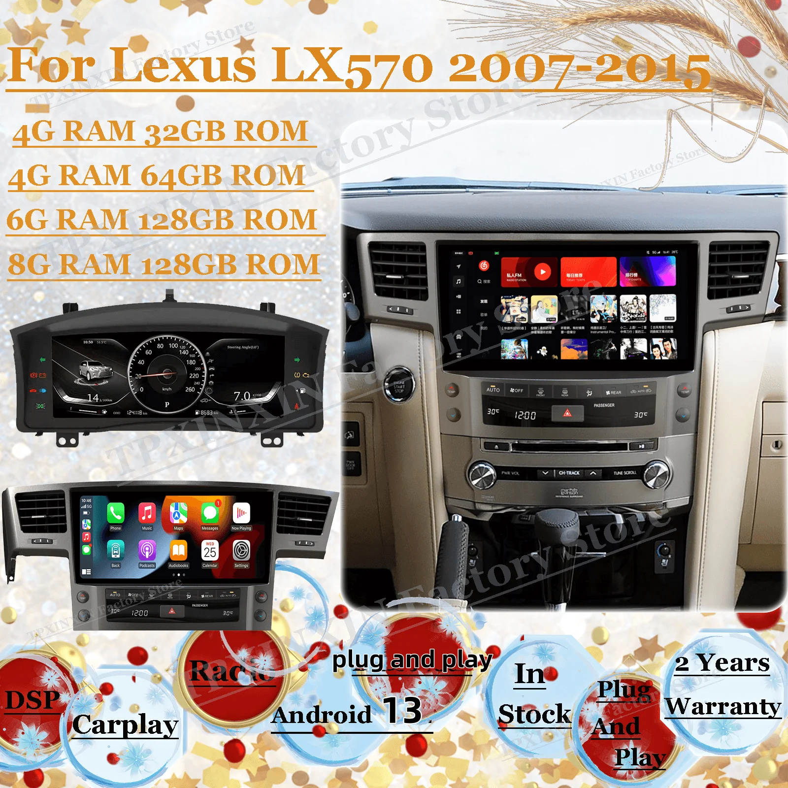 أندرويد 13 الوسائط المتعددة للسيارات لكزس LX570 2013 2014 2015 نظام تحديد المواقع والملاحة راديو ذكي Coche مع وحدة رئيس BT 5.0 4G